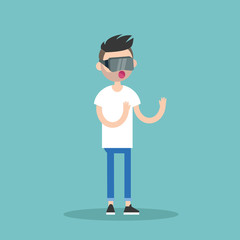 Young bearded man wearing virtual reality glasses / flat editable vector illustration