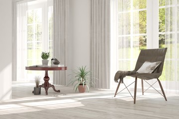 White room with armchair and green landscape in window. Scandinavian interior design. 3D illustration