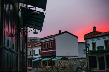 One of the sights of Korca, Albania, ottoman Old Bazaar  captured in the evening with red and blue sunset sky.