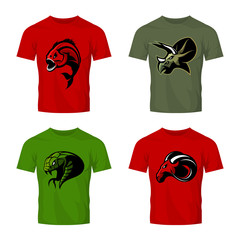 Furious piranha, ram, snake and dinosaur head sport vector logo concept set on color t-shirt mockup. 
Modern team mascot badge design. Premium quality wild animal t-shirt tee print illustration.