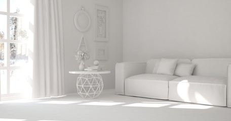 White room with sofa. Scandinavian interior design. 3D illustration