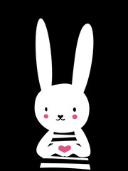 Rabbit with heart. Vector cartoon illustration. Funny, cute white bunny. Scandinavian design for Interior children room, print card, pillow, t-shirt.