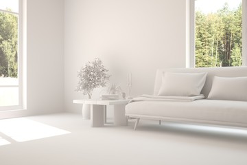White room with sofa and green landscape in window. Scandinavian interior design. 3D illustration