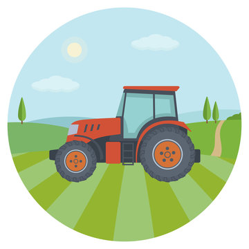 Red tractor on the farm field. Flat style, vector illustration. 
