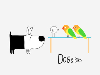 Dog & Bird and Lovebirds, vector illustration
