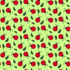 Seamless background of painted ladybirds and leaves. Pattern © buharina