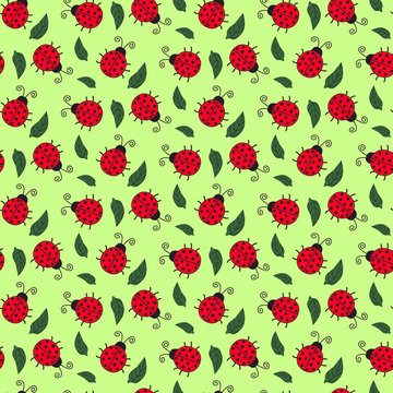Seamless background of painted ladybirds and leaves. Pattern