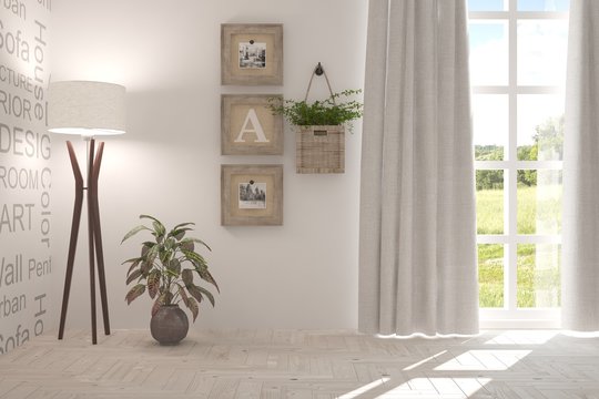 White room with lamp and green landscape in window. Scandinavian interior design. 3D illustration