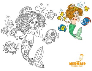 Beautiful little mermaid girl amazement communicates with the fish coloring page on white background
