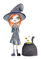 Halloween witch cute girl watercolor