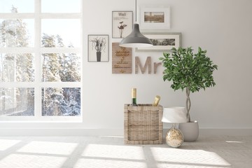 White empty room with winter landscape in window. Scandinavian interior design. 3D illustration