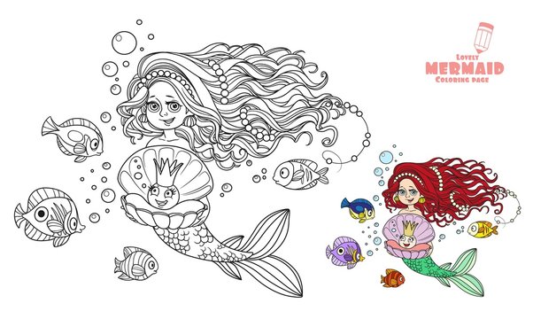 Beautiful mermaid girl holding a pearl in a shell coloring page on white background