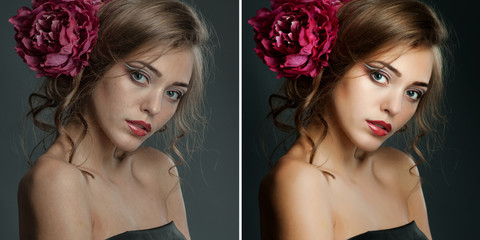 Before and After Retouch Portrait. Editing Example. - obrazy, fototapety, plakaty