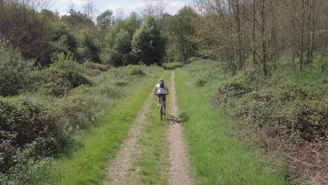 MTB bike riding on track trail in springtime forest, Italy, Europe. Follow shot Aerial 4k UHD native log movie (3840X2160).