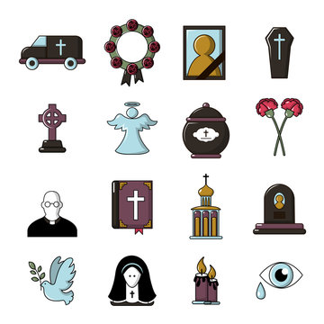 Funeral ritual service icons set, cartoon style