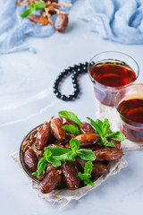 Ramadan ramazan kareem. Traditional arabic tea with mint and dates