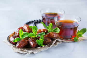 Ramadan ramazan kareem. Traditional arabic tea with mint and dates