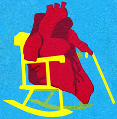 A paper cut contruction featuring a heart with a cane in a rocking chair representing debilitation by any number of cardiac diseases.