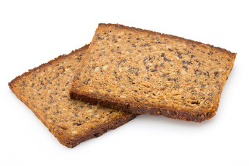 Slices of rye bread isolated on white background.