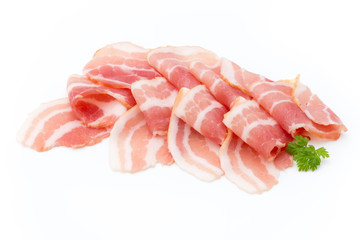 Obraz premium Bacon isolated on white background. Delikatese food.
