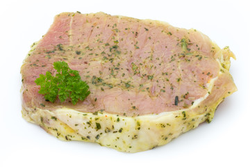 Pork chop, marinated. Isolated on the white background.