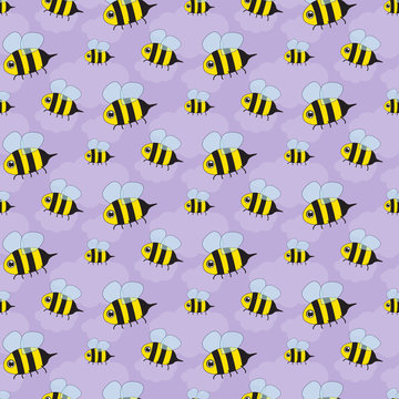 Seamless background from painted cute bees and clouds. Pattern