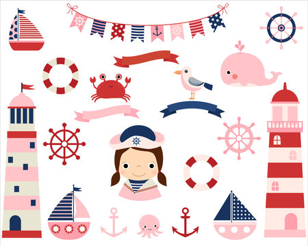 Pink girl nautical vector set with lighthouses, boats and other sea themed elements