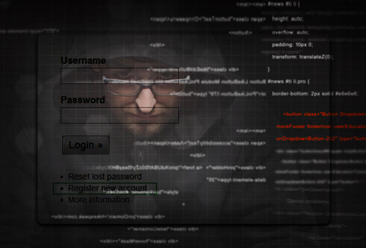Hacker stealing password at work with graphic user interface around