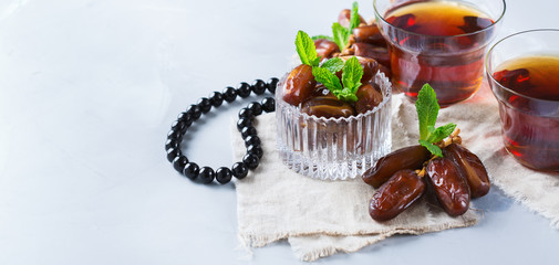 Ramadan ramazan kareem. Traditional arabic tea with mint and dates