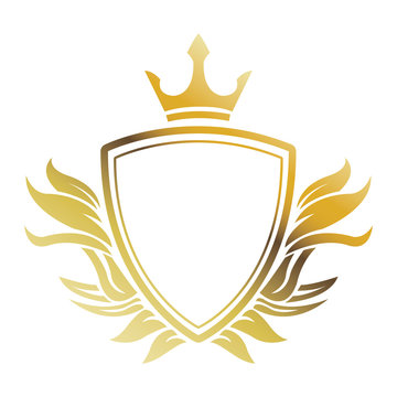 golden shield crown heraldic luxury frame decoration. emblem ornament template vector illustration