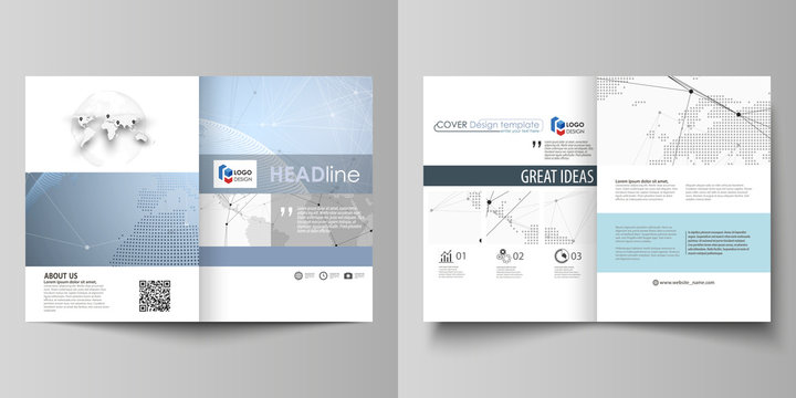 The white colored vector illustration of editable layout of two A4 format modern covers design templates for brochure, flyer, report. World globe on blue. Global network connections, lines and dots.