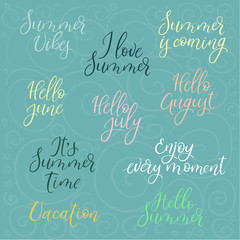 Hello Summer. Hand drawn calligraphy phrases set. Vector illustration.