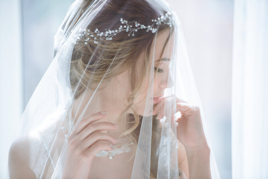 Closeup Brunette Bride With Fashion Wedding Hairstyle And Makeup