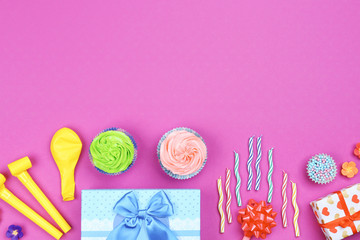 Bright birthday decor on color background