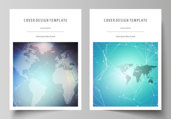 The vector illustration of the editable layout of A4 format covers design templates for brochure, magazine, flyer, booklet, report. Molecule structure, connecting lines and dots. Technology concept.
