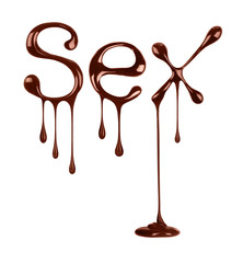 Word Sex written by liquid chocolate on white background