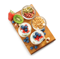 Fototapeta na wymiar Composition with tasty yogurt on white background
