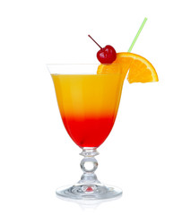 Glass of Tequila Sunrise cocktail on white background