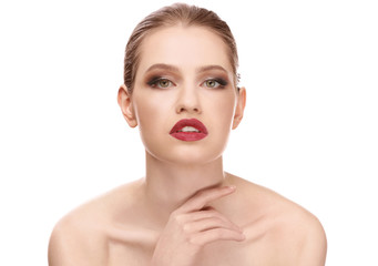 Obraz premium Beautiful young woman on white background