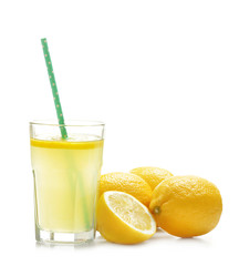 Delicious lemon juice in glass on white background
