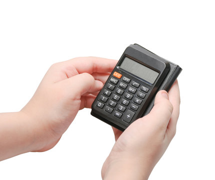 Calculator with blank display in the hands