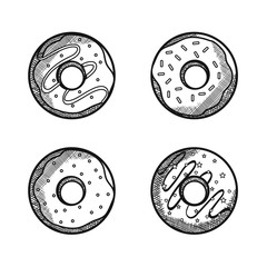 Set of hand drawn donuts over white background. Vector illustration.
