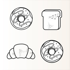 Hand drawn set of donuts and bread over white background. Vector illustration.