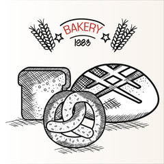 Hand drawn bread slice and loaf with pretzel and bakery sign over white background. Vector illustration.