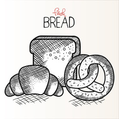 Hand drawn bread slice, croissant and pretzel over white background. Vector illustration.