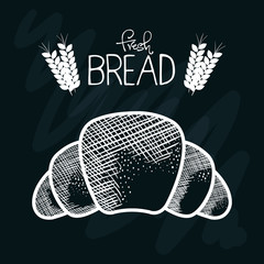 Hand drawn croissant with fresh bread sign and wheat over black background. Vector illustration.