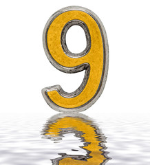 Numeral 9, nine, reflected on the water surface, isolated on white, 3d render