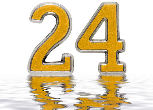 Numeral 24, twenty four, reflected on the water surface, isolated on white, 3d render