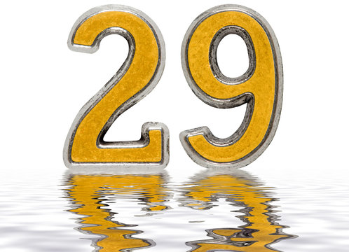 Numeral 29, twenty nine, reflected on the water surface, isolated on white, 3d render