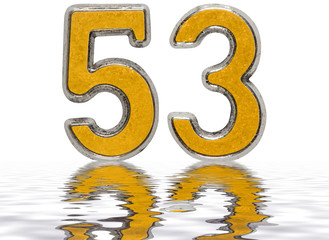 Numeral 53, fifty three, reflected on the water surface, isolated on white, 3d render
